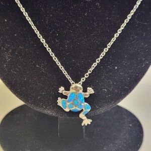 Frog Pendant Necklace 925‎ Sterling Silver Blue Opal Inlay 316L S.Steel Chain